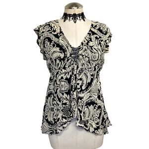 Vtg Y2K Rouge Sequin Fairy Core Asymmetrical Flowy Whimsigoth Office Blouse Sz L